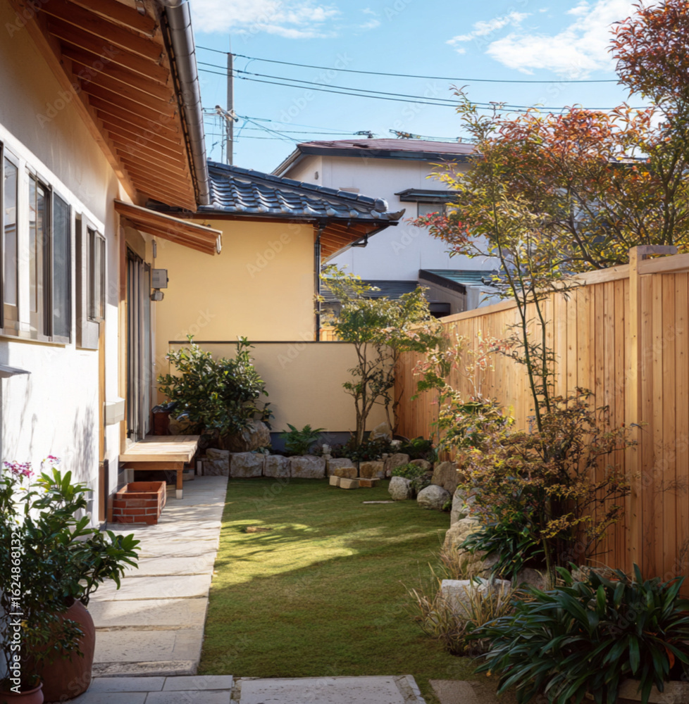 Obraz premium A small backyard with green grass, a wooden fence, a white wall. A garden bed is in the corner of the yard, and a wooden trellis allows plants to grow, is green space in front of the home.