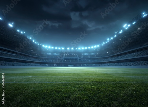 3D illustration of an empty soccer stadium with green grass and blue sky, front view, nighttime, lights on the stands. 