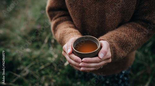 Person wearing a brown fleece jacket holds a cup of warm tea outdoors surrounded by greenery.