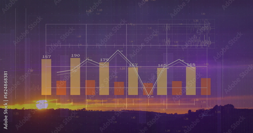 Obraz premium Displaying bar chart and line graph over rural sunrise horizon, with numeric labels and grid lines