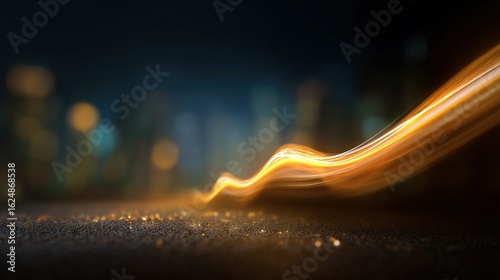 Abstract Trail of Light in the City: A dynamic light trail, shimmering with golden hues, dances across a dark, textured foreground.