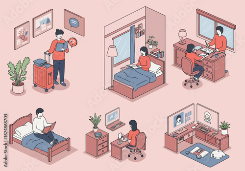 A collection of isometric scenes depicting people working remotely, studying, and relaxing at home.
