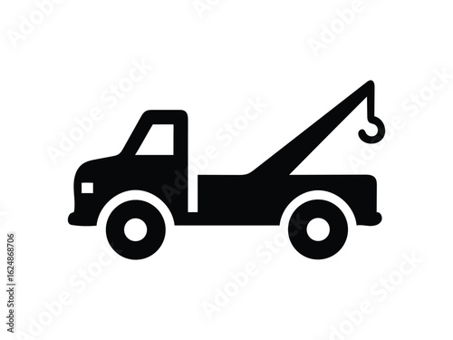 Simple black silhouette icon of a tow truck with its boom extended against a white background