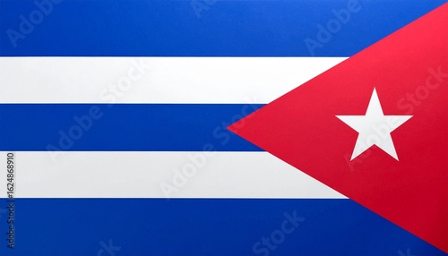 Cuban flag with red triangle and white star, waving against a cloudy sky.