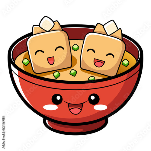 Cute smiling bowl of miso soup with tofu character