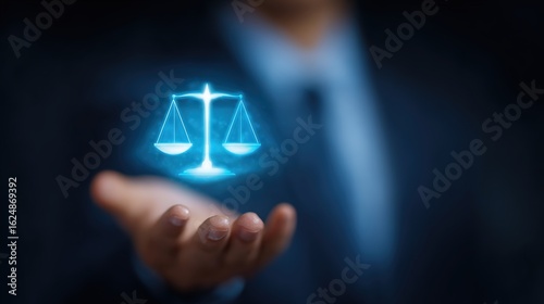 Illuminated Justice: A conceptual representation of justice, law, and fairness, featuring a luminous scale of balance held within a caring hand, signifying the balance between right and wrong. 