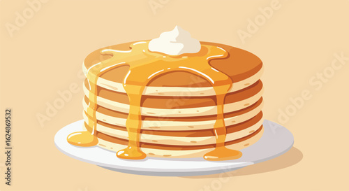 Syrup-drenched pancakes stack on a plate, breakfast serving, a neutral background