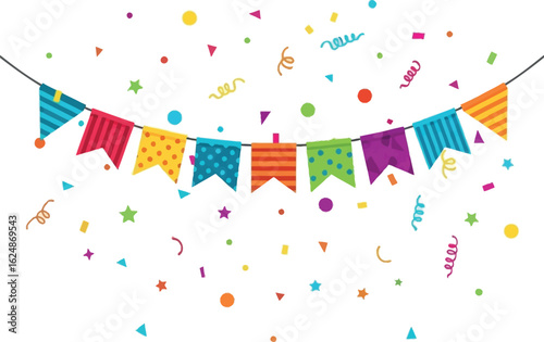 Colorful festive bunting flags with falling confetti for a party celebration, vector illustration graphic asset.