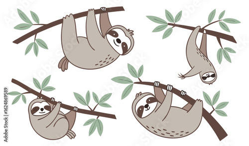Cute sloth stickers set. Collection of graphic elements for website. Charming lazy animal on branch. Forest tropical mammal with tree. Cartoon flat vector illustrations isolated on white background