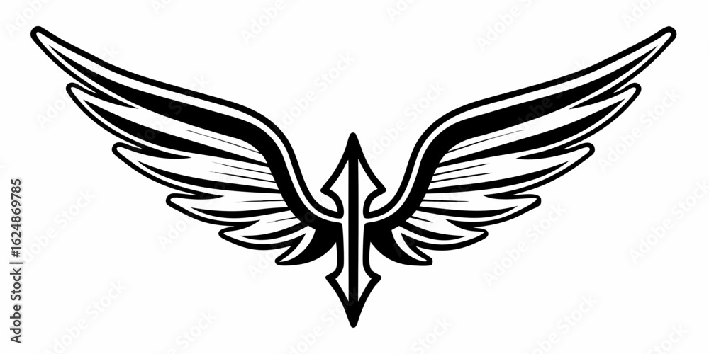 Fototapeta premium Illustration of stylized wings spread wide with a central arrow design in black and white color scheme