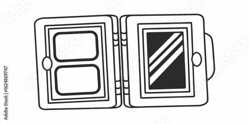 Open locket with two compartments on the left and a diagonal stripe design on the right side frame
