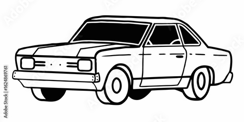 A black and white drawing of a car with a visible steering wheel and a thick outline style design shown