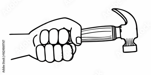 Illustration of a hand firmly gripping the handle of a hammer with a claw head in black and white