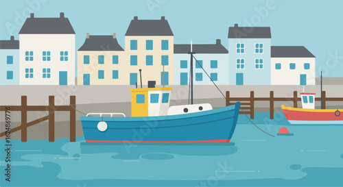 Boats docked in a harbor, with colorful buildings lining the waterfront backdrop