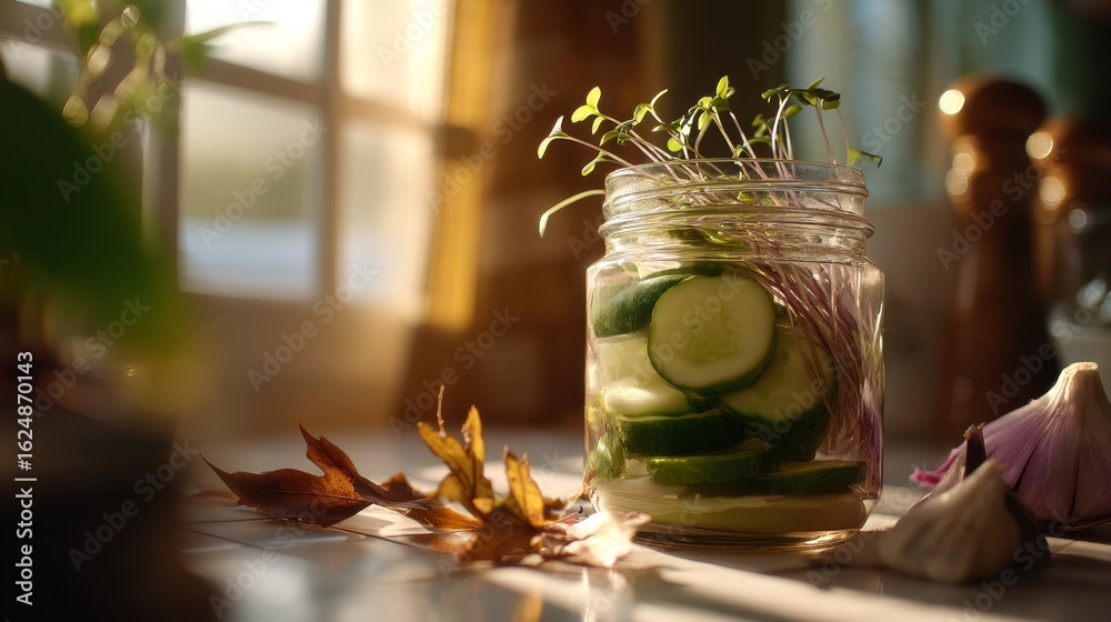 Fototapeta premium Fresh Raw Salad in Mason Jar with Avocado, Cucumbers & Microgreens, Golden Hour Lighting, Bokeh Effect