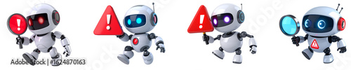 Cute robot character holding warning sign and magnifying glass, futuristic white robot with blue and red accents, alert and caution concept, isolated on transparent background