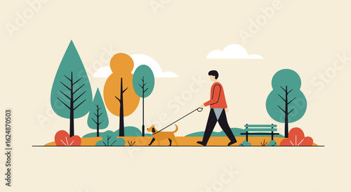 Man walking dog on leash, park trees, sunny day. Use wellness, health, eco, community