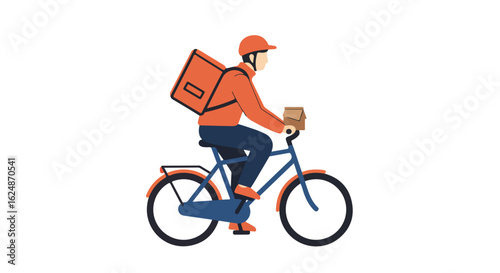 Bike messenger carries a delivery on a bicycle against a plain background