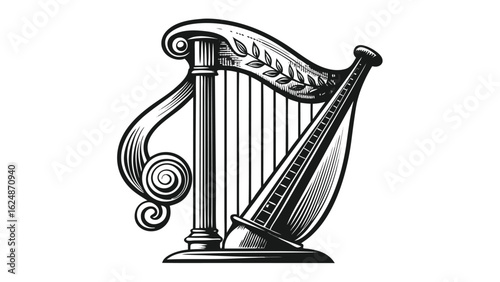 An illustration of a harp with intricate details set against a plain white background..eps