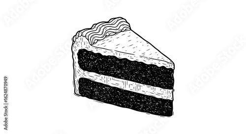Hand-Drawn Linocut-Style Cake Slice Illustration – Vintage Black and White Dessert Drawing with Layered Texture and Expressive Frosting Detail on White Background