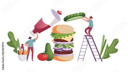 People making a large burger with tomato ketchup, cucumber, onion, and lettuce toppings on a white background