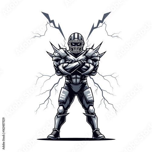 Fierce American football gladiator mascot in metallic armor with lightning, a powerful character illustration for a sports team