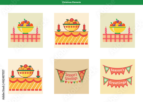 Whimsical Christmas elements featuring fruit bowls, candles, and seasonal greeting banners