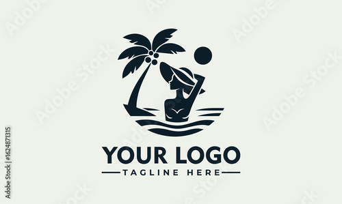 Silhouette illustration of a woman in water near a palm tree, with a sun in the background, as a logo concept.
