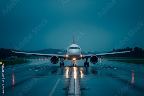 Airplane Taxiing on Wet Runway During Twilight After Rain With Lights Reflecting in the Water