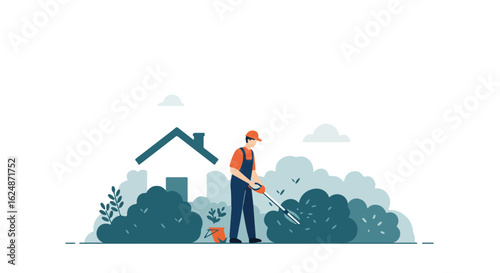 Gardener trimming bushes in front of a house; for home services or landscaping needs