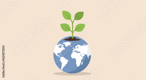 Plant sprouts from globe, Earth day hope on plain background. Used for campaigns