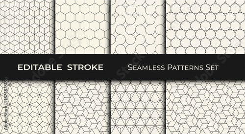 set of seamless geometric patterns, editable stroke 