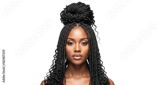 An image of beautiful black woman with braided hair 1.. The scene includes braided, fashion, hair, face, headshot, stylish, trendy,