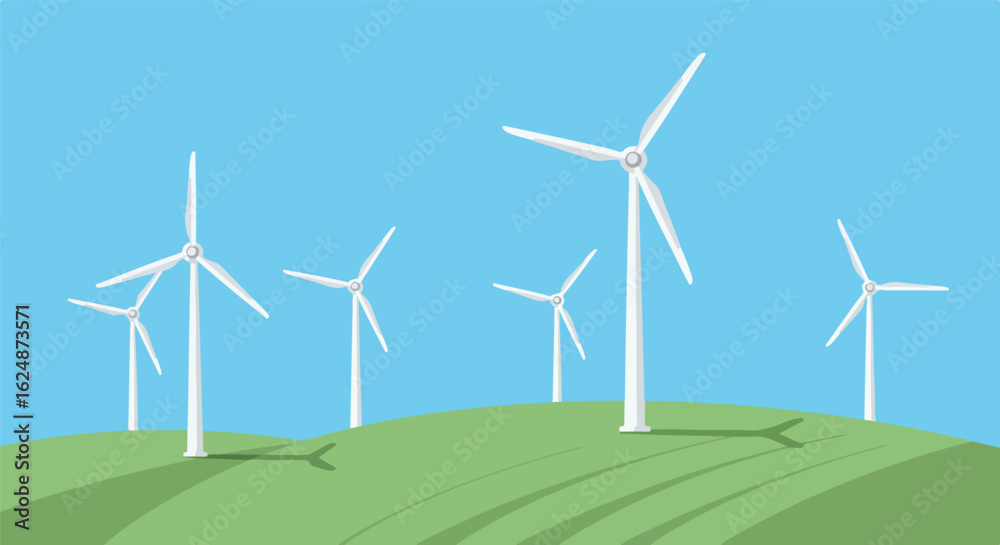Wind Turbines on Green Hill Against Sky for Renewable Energy/Green Power Illustration Wind Turbines on Green Hill Against Sky for Renewable Energy/Green Power Illustration