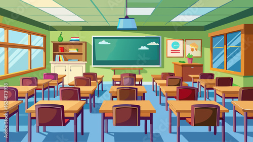 Vector art of an empty, modern classroom interior with desks, chairs, and a blackboard, ready for learning and educational activities