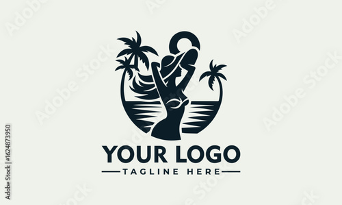 Silhouette logo depicting a woman on a beach with palm trees, sun, and waves.
