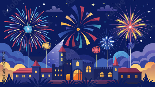 Vector art of colorful fireworks illuminate the night sky over a charming town, evoking a sense of joy and festivity for a special occasion