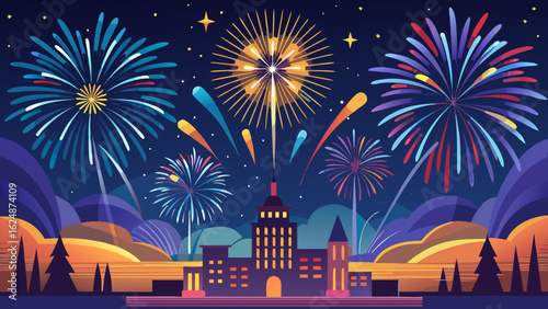 Vector art of a spectacular fireworks display lights up the night sky above a city skyline, symbolizing celebration and a memorable event