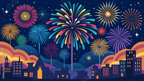 Vector art of vibrant fireworks explode in the night sky over a silhouetted cityscape, creating a festive and celebratory atmosphere with colorful lights and dazzling displays