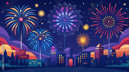 Vector art of a spectacular fireworks display lights up the dark night sky over a sprawling city, creating a magical and festive atmosphere for all to enjoy