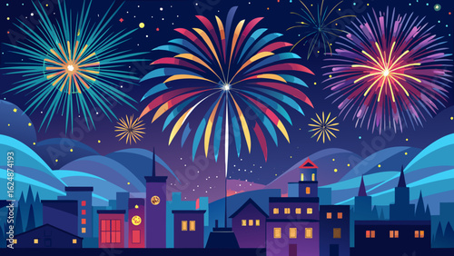 Vector art of spectacular fireworks illuminate the dark night sky above a stylized cityscape with glowing windows, marking a joyous celebration or holiday event