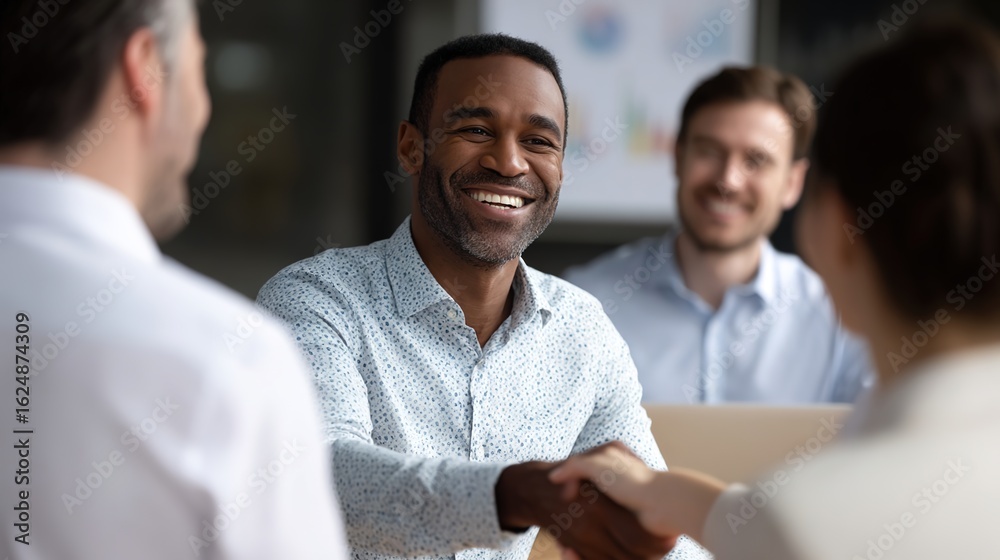 Fototapeta premium Deal of the Day: A smiling person of color extends a handshake in a professional setting, symbolizing a successful business deal. Capturing the essence of agreement and satisfaction.