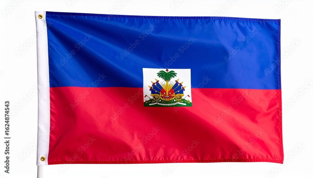 Naklejka premium Haiti national flag with horizontal blue and red bands and central white panel featuring coat of arms with palm tree, cannons, and motto “L'Union Fait La Force,” symbolizing unity, resilience, and nat