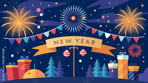 Vector art of new years eve celebration with vibrant fireworks, festive bunting, and gift boxes against a dark, starry night sky