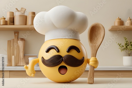 Joyful chef emoji with mustache holding wooden spoon in modern kitchen, ready to cook delicious meals and share culinary expertise.
