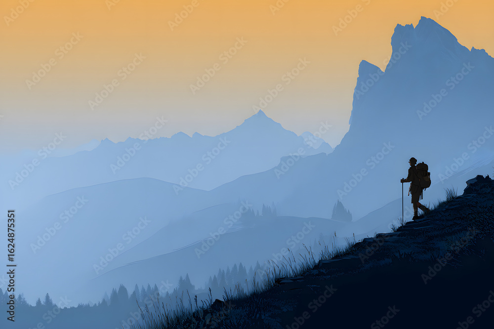Fototapeta premium Hiker walking to mountains.Image ai generate