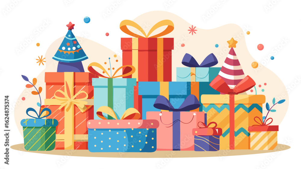 Fototapeta premium Vector art of a festive arrangement of assorted gift boxes adorned with ribbons and bows, suggesting joy and celebration for various occasions like birthdays and holidays, isolated on white background