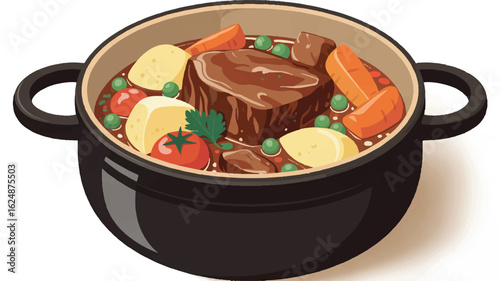 Hearty beef stew in a rustic ceramic pot with handles digital illustration