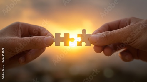 Puzzle Pieces Coming Together: Two hands delicately bring puzzle pieces together, framed against a stunning sunset, symbolizing unity and the culmination of a collaborative effort.