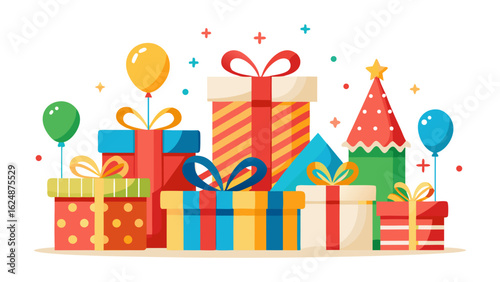 Vector art of an assortment of brightly colored gift boxes and presents, tied with ribbons and bows, surrounded by confetti and balloons, signifying a joyous celebration isolated on white background
